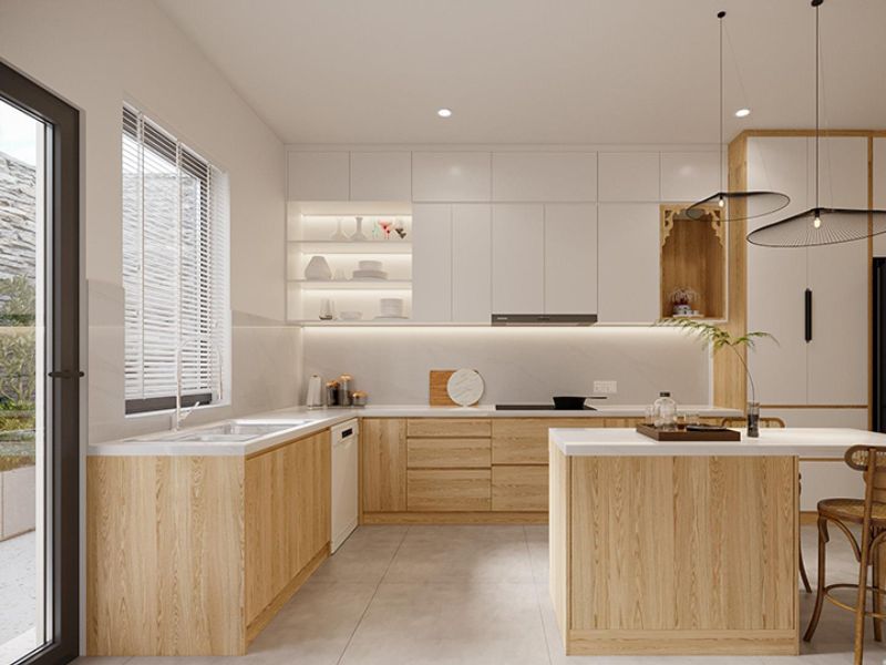 Bếp tối giản chú trọng không gian mở, màu sắc trung tính và hạn chế đồ trang trí